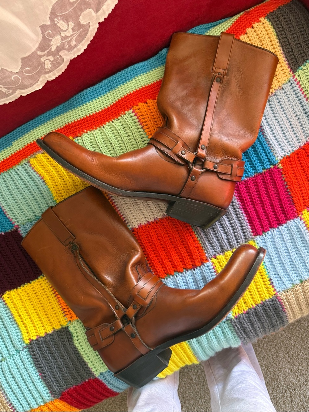 Frye Brown Leather Harness Mid-Calf Boots